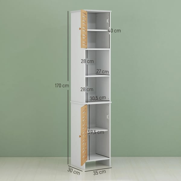 Badrumsskåp - Högskåp - Justerbara hyllor - 35×30×170 cm - Montering krävs - Vit