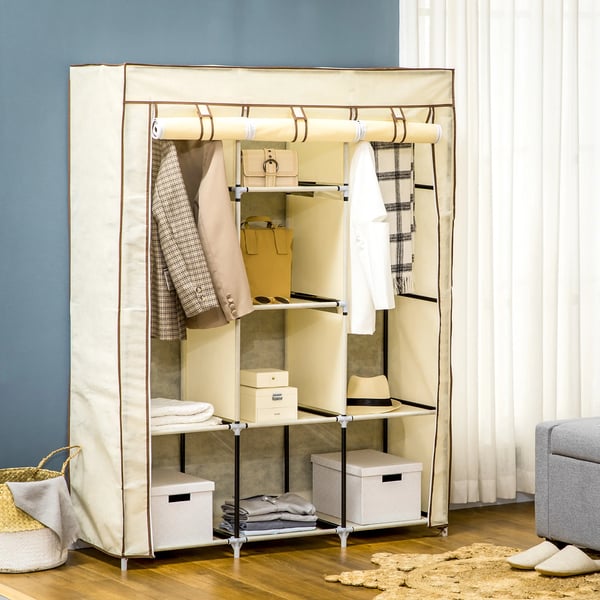 Hopfällbart Tygskåp - Garderob - 8 Hyllor - 2 Klädstänger - 125×43×162,5 cm - Gräddvit