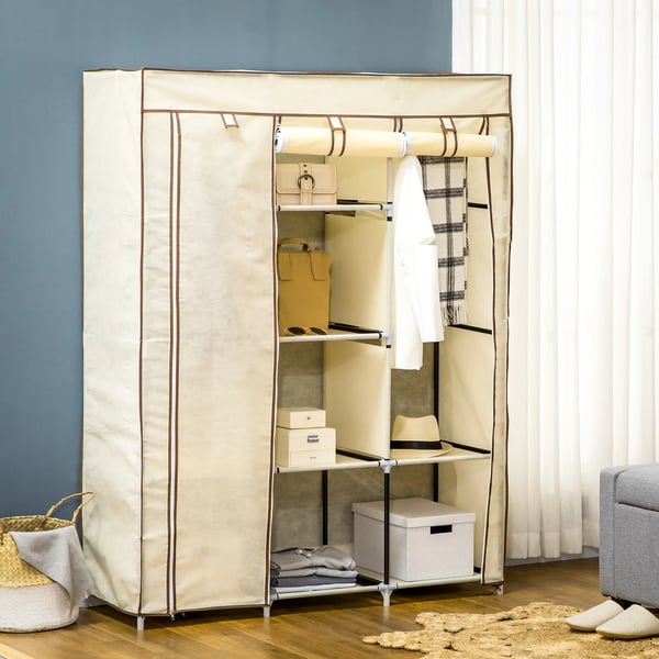 Hopfällbart Tygskåp - Garderob - 8 Hyllor - 2 Klädstänger - 125×43×162,5 cm - Gräddvit