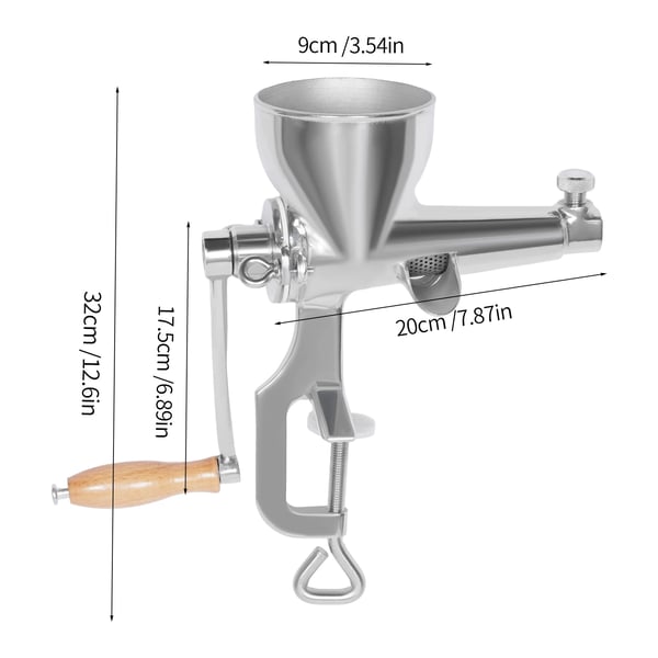 Manuel Saftpresser - Hvedegræs Juicer - 304 Rustfrit Stål - Skrueklemme til Bord - Indløb Ø 9 cm - Håndtag 17,5 cm - 20×32 cm - Sølv
