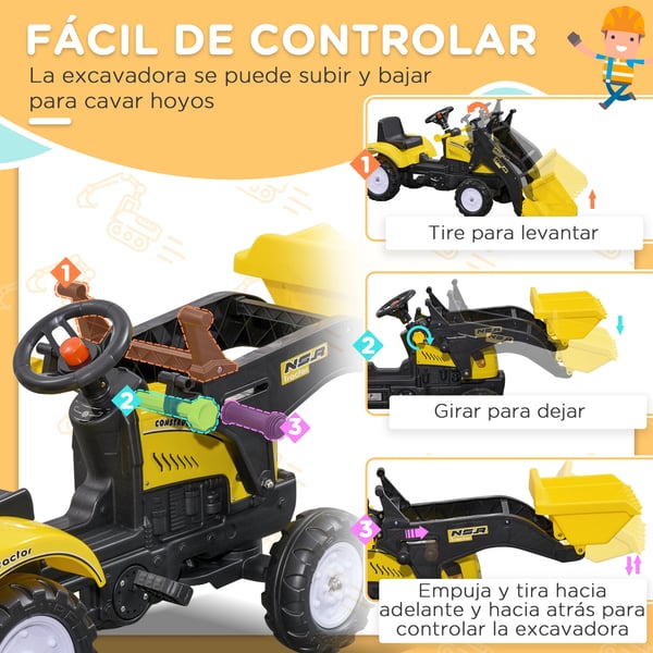 Barntraktor - Pedaltraktor - Frontlastare - 4 Hjul - PU-material - 114x41x52 cm - Från 3 år - Gul