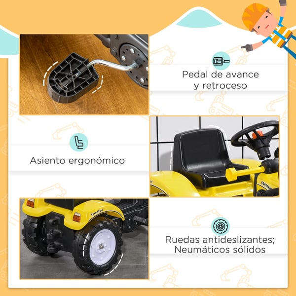 Barntraktor - Pedaltraktor - Frontlastare - 4 Hjul - PU-material - 114x41x52 cm - Från 3 år - Gul