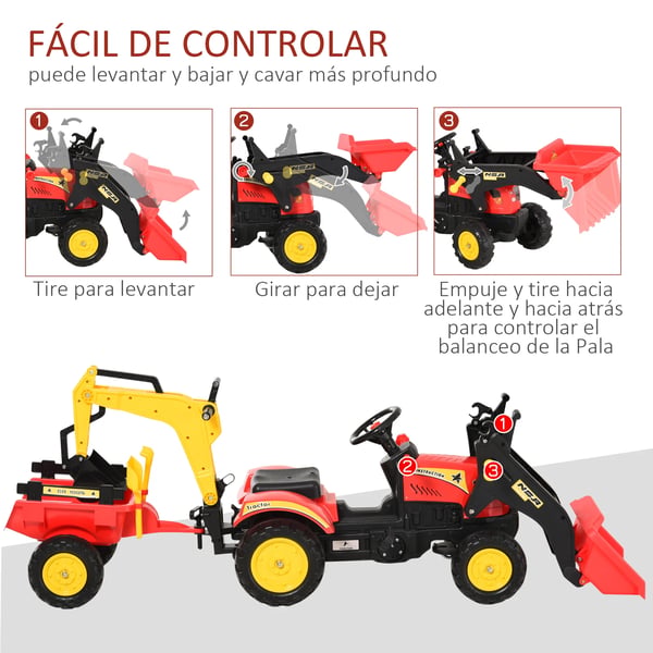 Tramptraktor för barn - Åkfordon - Med släp och skovlar - Från 3 år - 179×42×59 cm - Röd