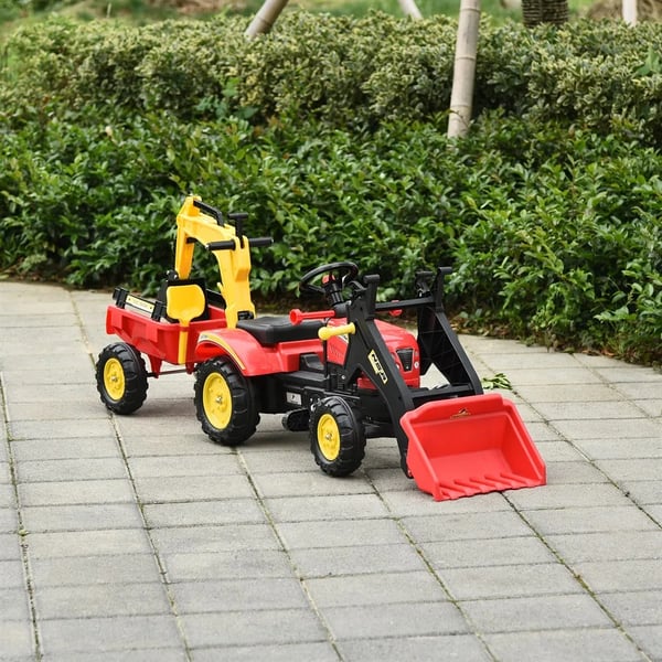 Tramptraktor för barn - Åkfordon - Med släp och skovlar - Från 3 år - 179×42×59 cm - Röd