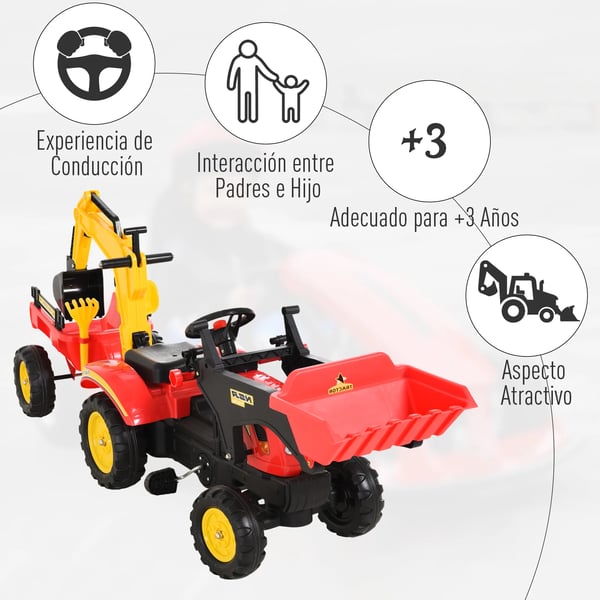 Tramptraktor för barn - Åkfordon - Med släp och skovlar - Från 3 år - 179×42×59 cm - Röd