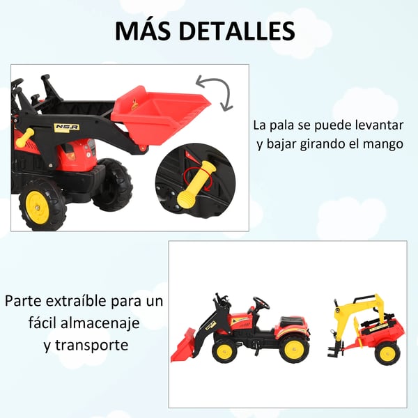 Tramptraktor för barn - Åkfordon - Med släp och skovlar - Från 3 år - 179×42×59 cm - Röd