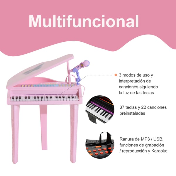 Barnpiano - Elektroniskt Keyboard - 37 Tangenter - Mikrofon - Ljuseffekter - USB/MP3 - Karaoke - Rosa
