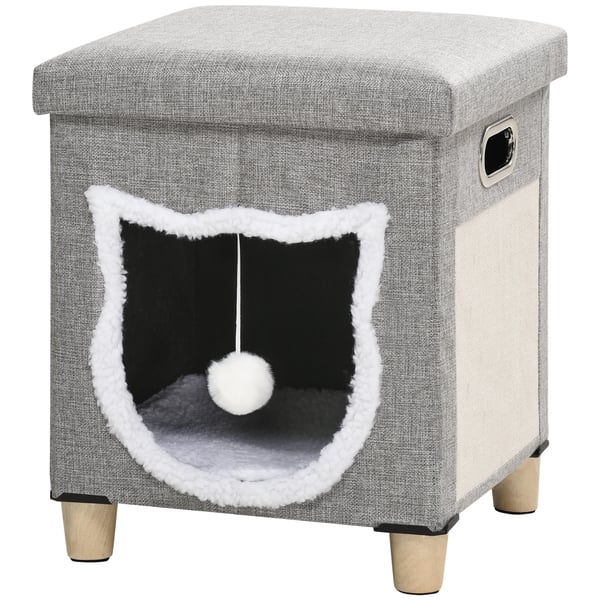 Kattgrottesäng - 2‑i‑1 fotpall/ottoman - Plysch - För katter - 35,5×35,5×42,5 cm - Grå