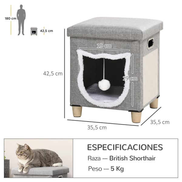 Kattgrottesäng - 2‑i‑1 fotpall/ottoman - Plysch - För katter - 35,5×35,5×42,5 cm - Grå