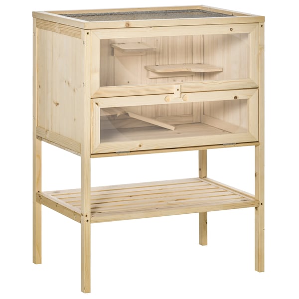Hamsterbur - Träbur - Ramp - Öppningsbart tak - Plexiglasfönster - Underhylla - 60x40x80 cm - Natur