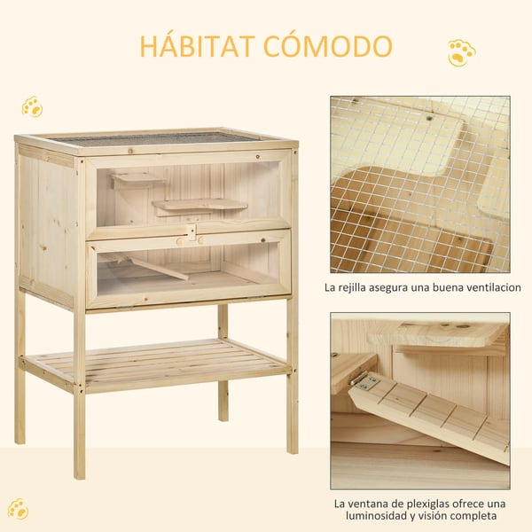 Hamsterbur - Träbur - Ramp - Öppningsbart tak - Plexiglasfönster - Underhylla - 60x40x80 cm - Natur