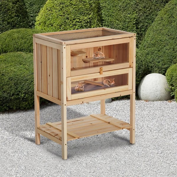 Hamsterbur - Träbur - Ramp - Öppningsbart tak - Plexiglasfönster - Underhylla - 60x40x80 cm - Natur