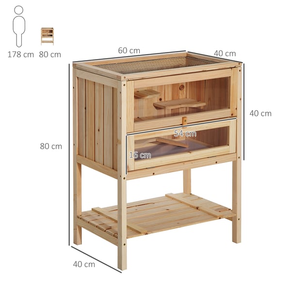 Hamsterbur - Träbur - Ramp - Öppningsbart tak - Plexiglasfönster - Underhylla - 60x40x80 cm - Natur