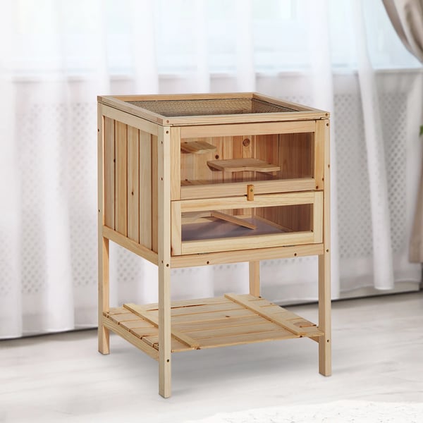 Hamsterbur - Träbur - Ramp - Öppningsbart tak - Plexiglasfönster - Underhylla - 60x40x80 cm - Natur