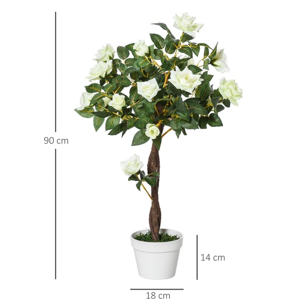 Konstgjort rosenträd - Konstväxt - 90 cm - 21 blommor - 350 blad - PP-Plast - Utomhus - Cementkruka ingår - Vit/Grön