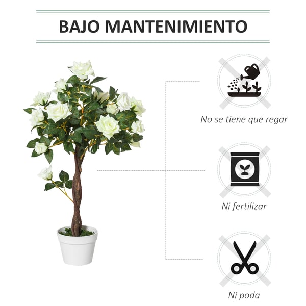 Konstgjort rosenträd - Konstväxt - 90 cm - 21 blommor - 350 blad - PP-Plast - Utomhus - Cementkruka ingår - Vit/Grön