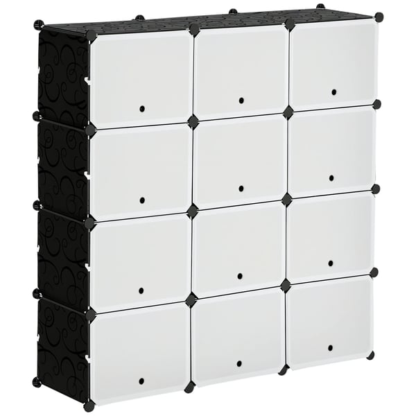 Modulär garderob - Klädskåp - 12 kuber - Skoförvaring - 125 x 32 x 125 cm - PP-plast & stål - Enkel montering - Vit