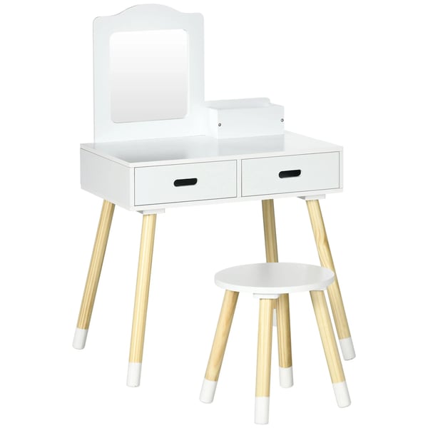 Barnsminkbord - Toalettbord - Med spegel och pall - 60 x 40 x 95 cm - För flickor 3–6 år - Vit