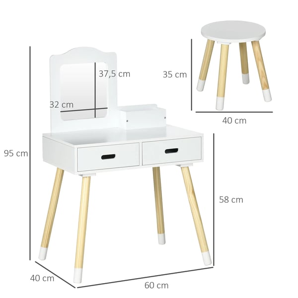 Barnsminkbord - Toalettbord - Med spegel och pall - 60 x 40 x 95 cm - För flickor 3–6 år - Vit