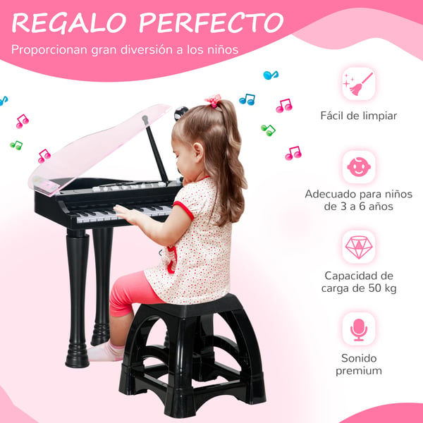Barnpiano - Elektroniskt Keyboard - Med Pall - 37 x 30,5 x 60,4 cm - För Småbarn - CE-Certifierad - ABS/PP/Akryl - Svart
