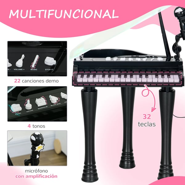 Barnpiano - Elektroniskt Keyboard - Med Pall - 37 x 30,5 x 60,4 cm - För Småbarn - CE-Certifierad - ABS/PP/Akryl - Svart