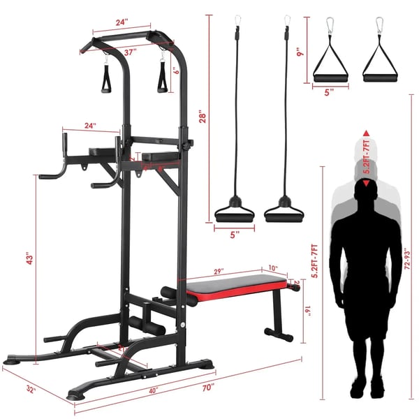 Multifunktionel Træningsstation - Power Tower med justerbar bænk - Sammenklappelig - Pull-ups & dips - Maks belastning 200 kg - Til hjemmebrug