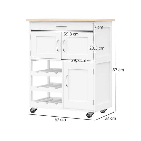 Köksvagn/Serveringsvagn - På hjul - Låda - 2 skåp - 3 hyllor - 67×37×87 cm - MDF & gummiträ - Vit