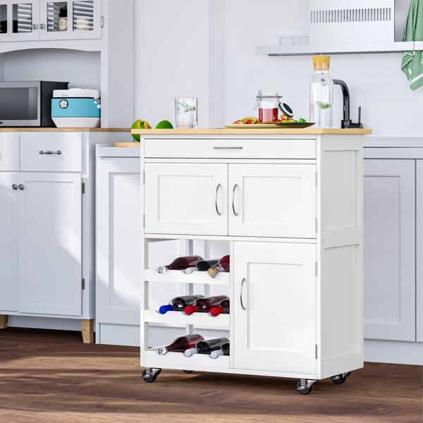 Köksvagn/Serveringsvagn - På hjul - Låda - 2 skåp - 3 hyllor - 67×37×87 cm - MDF & gummiträ - Vit