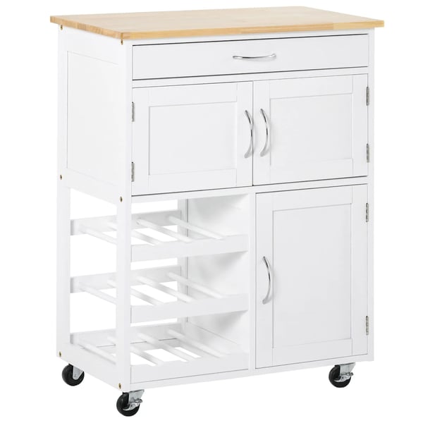 Köksvagn/Serveringsvagn - På hjul - Låda - 2 skåp - 3 hyllor - 67×37×87 cm - MDF & gummiträ - Vit