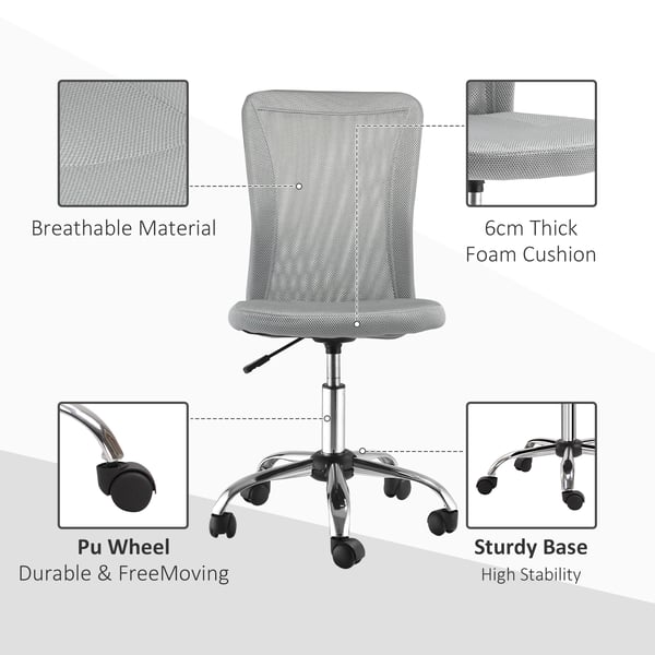 Kontorsstol i mesh - Skrivbordsstol - Justerbar höjd 90–100 cm - Svängbar - Med hjul - Utan armstöd - 43×58 cm - Ljusgrå