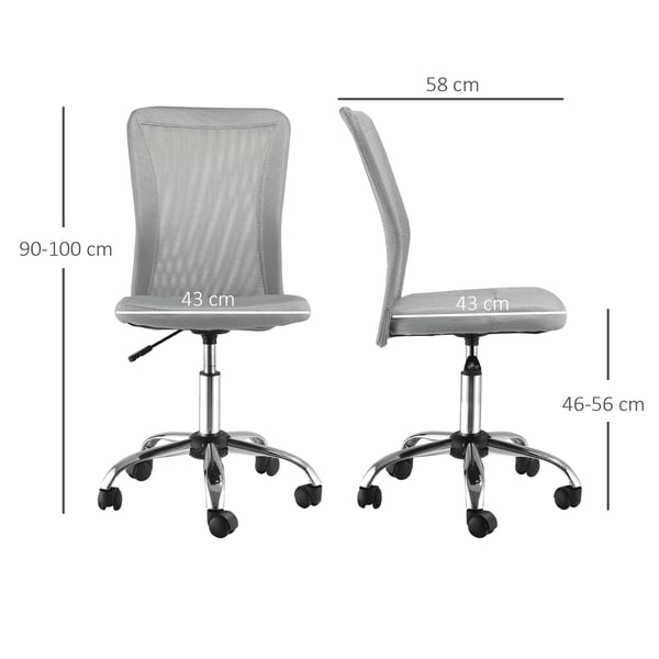 Kontorsstol i mesh - Skrivbordsstol - Justerbar höjd 90–100 cm - Svängbar - Med hjul - Utan armstöd - 43×58 cm - Ljusgrå