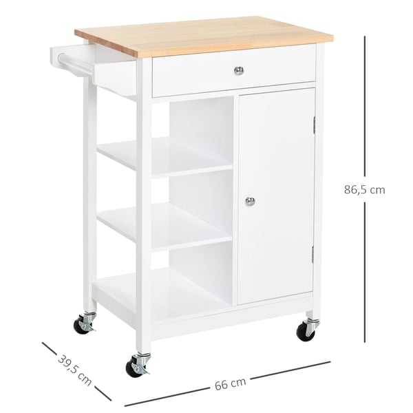 Köksvagn - Serveringsvagn - 1 Låda, 1 Skåp, 3 Öppna Hyllor - 66 x 39,5 x 86,5 cm - Montering Krävs