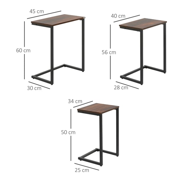 3-pack C-formade sidobord - Sidobord/soffbord - Stålben - Trälaminat - Mått 45x30x60 cm - Antik stil - Rustik brun