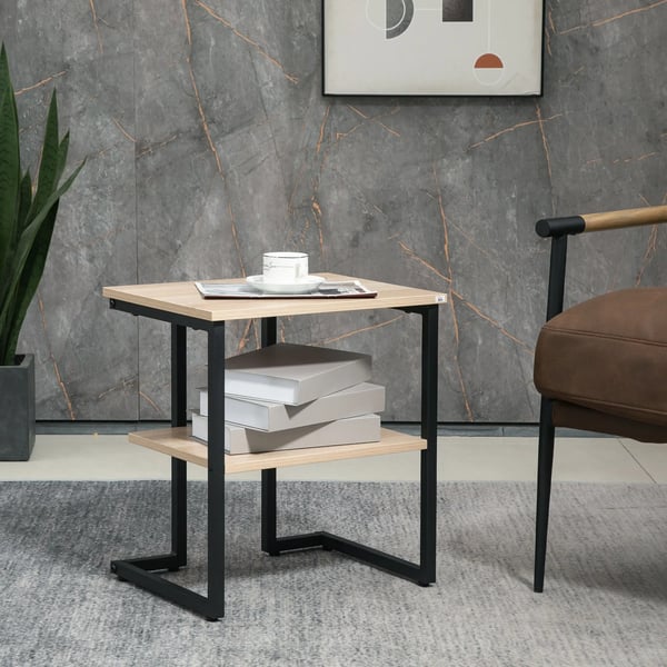Sidobord - Sängbord - 2 Hyllplan - 45×35×48 cm - Trämelamin & Stål - För Vardagsrum & Sovrum - Naturträutseende, Brun