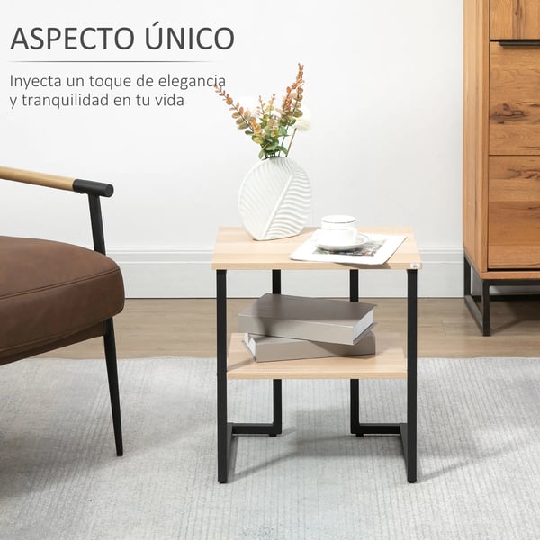 Sidobord - Sängbord - 2 Hyllplan - 45×35×48 cm - Trämelamin & Stål - För Vardagsrum & Sovrum - Naturträutseende, Brun
