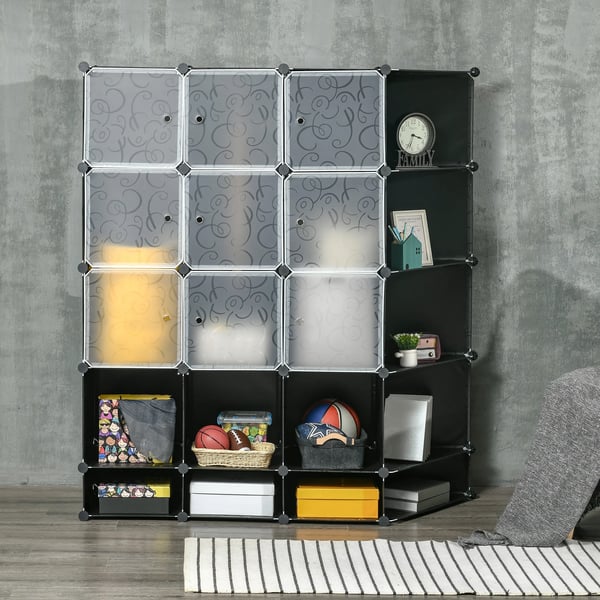 Modulär garderob - Klädskåp för sovrum - 16 fack - 2 klädstänger - 145x46x162 cm - PP & stål - Svart/vit