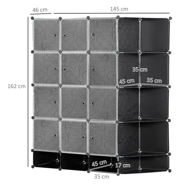 Modulär garderob - Klädskåp för sovrum - 16 fack - 2 klädstänger - 145x46x162 cm - PP & stål - Svart/vit