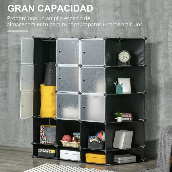 Modulär garderob - Klädskåp för sovrum - 16 fack - 2 klädstänger - 145x46x162 cm - PP & stål - Svart/vit