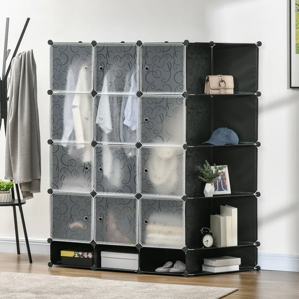 Modulär garderob - Klädskåp för sovrum - 16 fack - 2 klädstänger - 145x46x162 cm - PP & stål - Svart/vit