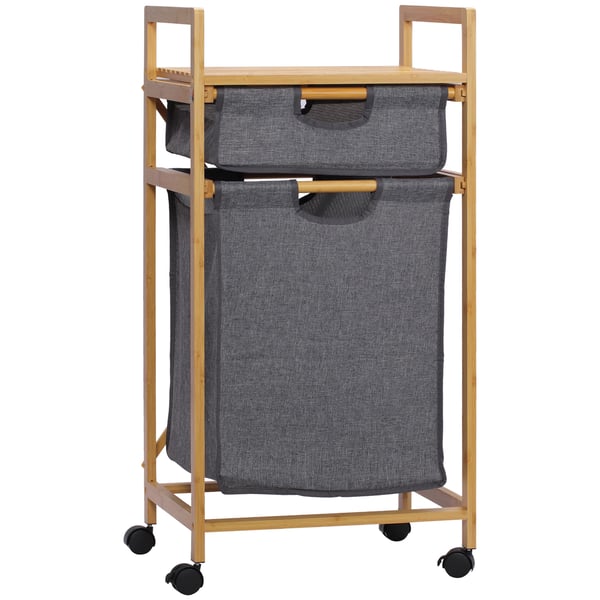 Tvättkorg - 2-fack tvättsorterare - Bambu och linne - 2 avtagbara tygpåsar - 42 x 35 x 84,5 cm - Naturträ och grå