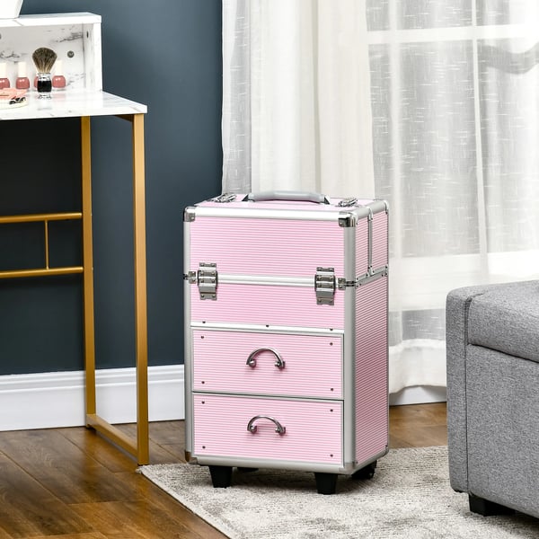 Professionell sminkväska - Kosmetikväska - 6 Utdragbara Lådor - 36×23×58 cm - ABS & Aluminium - Rosa