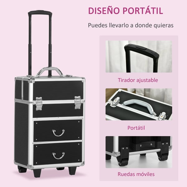 Professionell sminkväska - Kosmetikväska - Med 6 utdragbara lådor - ABS & aluminium - 36 x 23 x 58 cm - Svart