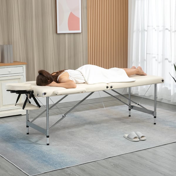 Massagebänk - Hopfällbart massagebord - Aluminiumram - PU-läder - Höjdjusterbar 62–83 cm - 186 x 71 cm - Beige
