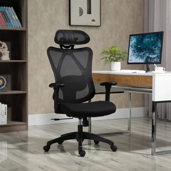 Kontorsstol - Ergonomisk snurrstol - 2D justerbara armstöd - Höjdjusterbar - Nackstöd - Ländryggsstöd - 67x64x127 cm - Svart