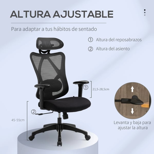 Kontorsstol - Ergonomisk snurrstol - 2D justerbara armstöd - Höjdjusterbar - Nackstöd - Ländryggsstöd - 67x64x127 cm - Svart