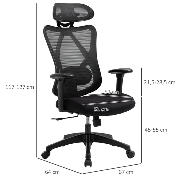 Kontorsstol - Ergonomisk snurrstol - 2D justerbara armstöd - Höjdjusterbar - Nackstöd - Ländryggsstöd - 67x64x127 cm - Svart