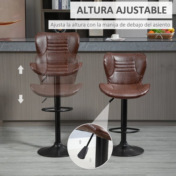Set med 2 barstolar - Höjdjusterbara och snurrbara - Med fotstöd - Stål, PU och skum - 46,5×54×108 cm - Brun