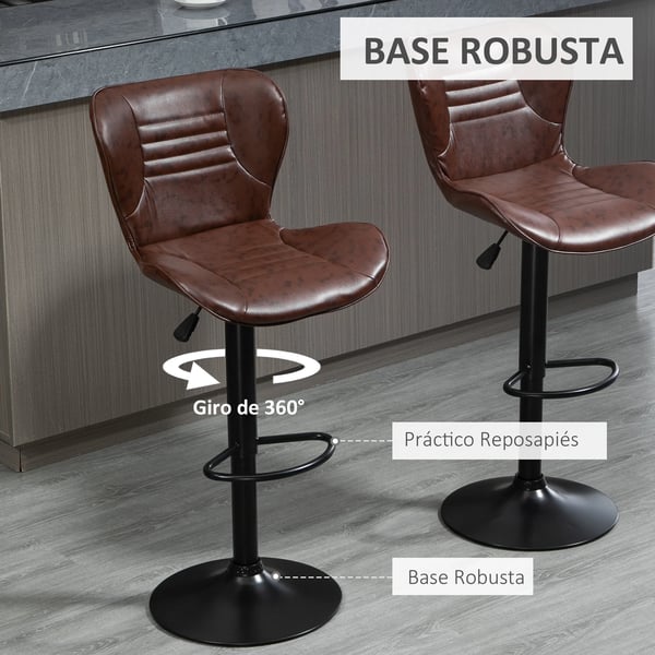 Set med 2 barstolar - Höjdjusterbara och snurrbara - Med fotstöd - Stål, PU och skum - 46,5×54×108 cm - Brun