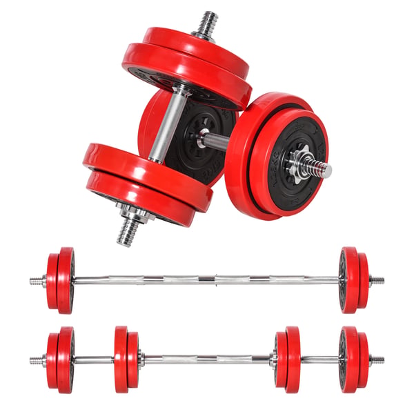 Hantelset - 2-i-1 Hantel/Skivstång - 20 kg Totalvikt - 8 Viktskivor - Justerbar Vikt - Röd