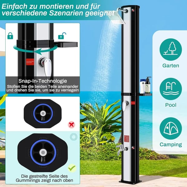 Aurinkokäyttöinen ulkosuihku, vapaasti seisova 60 l (16 gal), 360° suihkupää ja jalkahuuhtelu, lämpö jopa 60 °C, tummanharmaa, suojapeitteellä